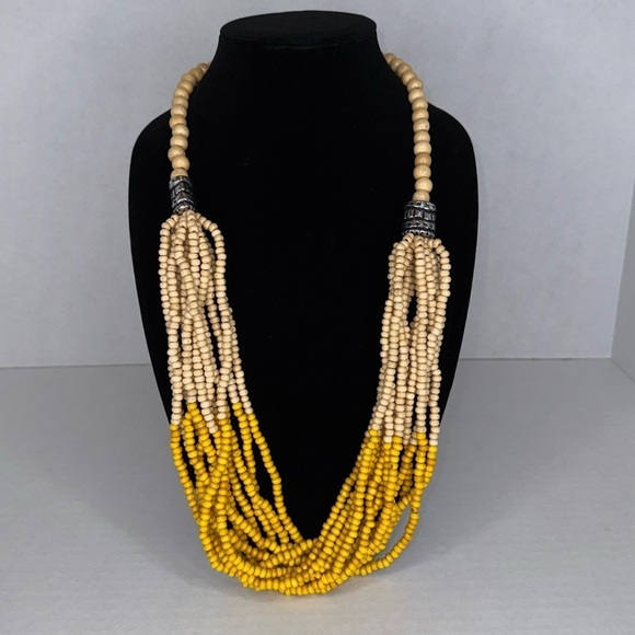 Vintage Jewelry - Vintage wooden Yellow and Cream Multi-Strand Necklace Waterfall Effect lot A8